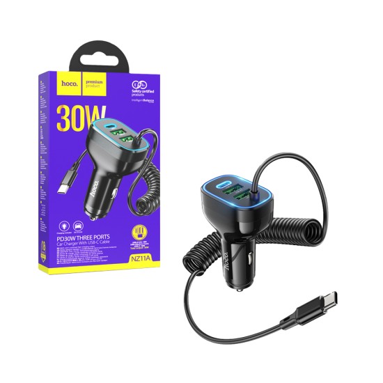 Hoco Car Charger NZ11A Guide 3 Port 2 USB+Type-C 30W with Type-C Cable Black